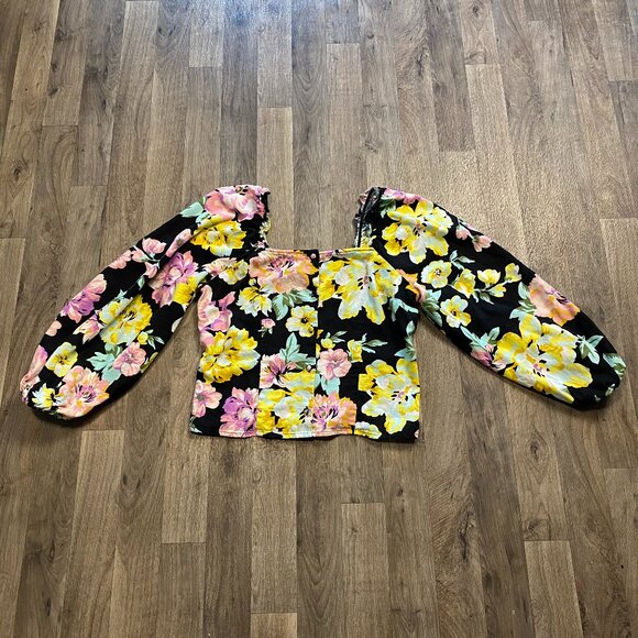 Who What Wear Floral Long Sleeve Cropped Peasant Blouse Size Medium Linen Blend - Picture 1 of 9